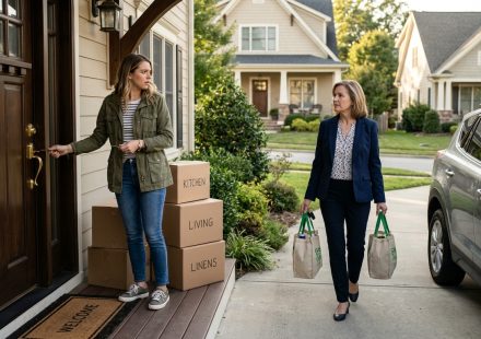 Linda calmly faces her furious daughter-in-law on the front porch after changing the locks to her home.