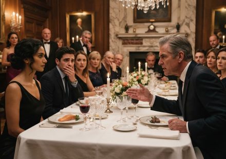 A poised 32-year-old woman faces public humiliation at a billionaire's formal family dinner after being called street garbage in a borrowed dress.
