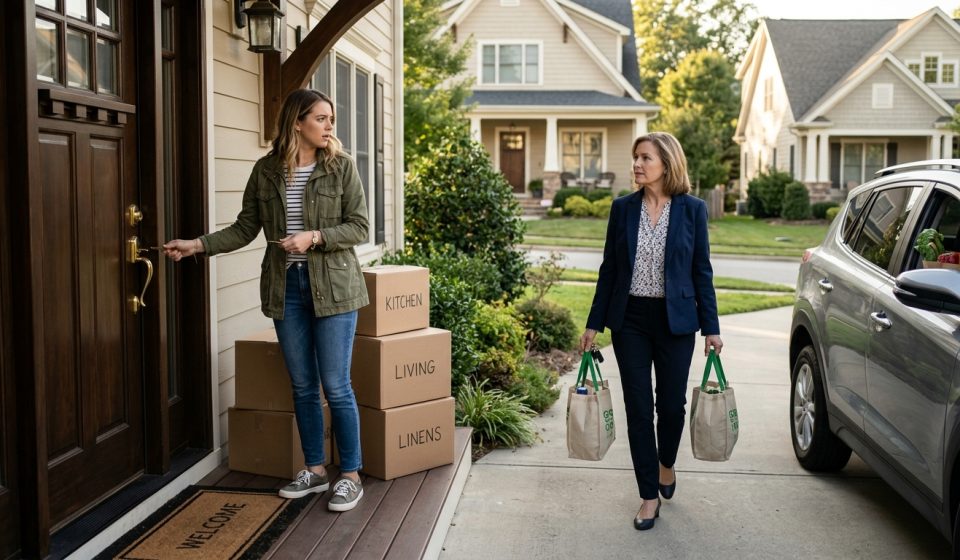 Linda calmly faces her furious daughter-in-law on the front porch after changing the locks to her home.