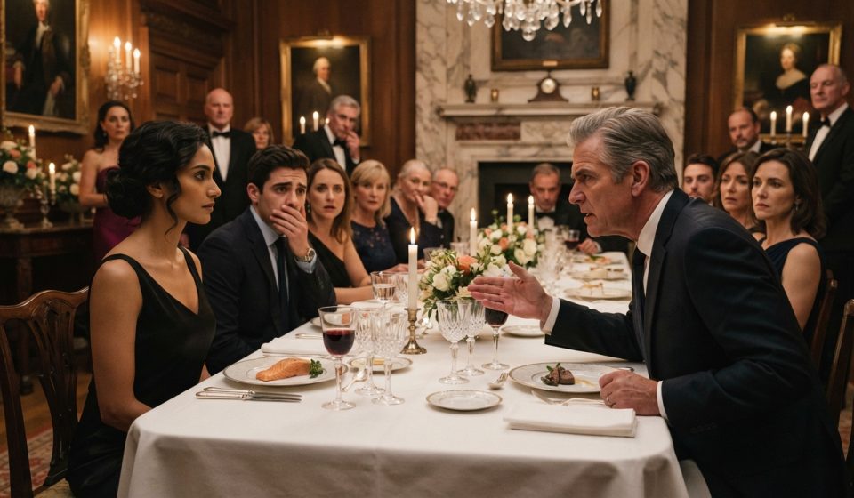 A poised 32-year-old woman faces public humiliation at a billionaire's formal family dinner after being called street garbage in a borrowed dress.