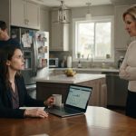A woman paying household bills at the kitchen table as her mother-in-law tells her to move out while her husband remains silent.