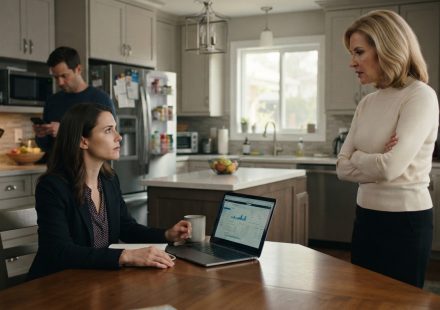 A woman paying household bills at the kitchen table as her mother-in-law tells her to move out while her husband remains silent.