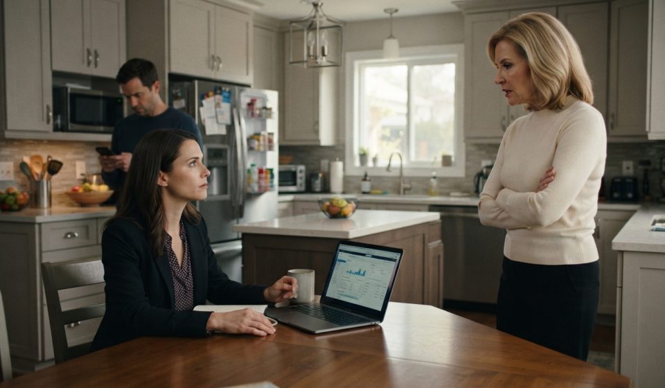 A woman paying household bills at the kitchen table as her mother-in-law tells her to move out while her husband remains silent.