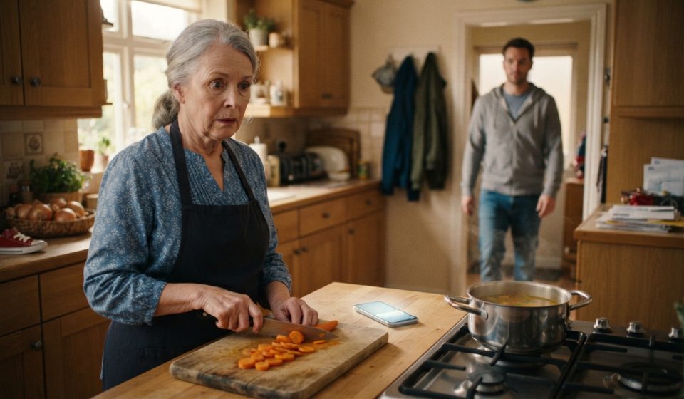 Older woman quietly staring at her son's illuminated phone while preparing soup in her kitchen as he approaches from the hallway.