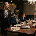 A shocked mother at an anniversary dinner as her daughter-in-law hands her a restaurant bill after the family has already finished eating.