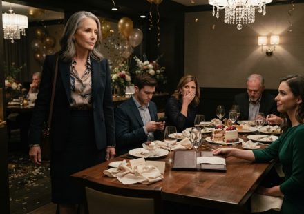 A shocked mother at an anniversary dinner as her daughter-in-law hands her a restaurant bill after the family has already finished eating.