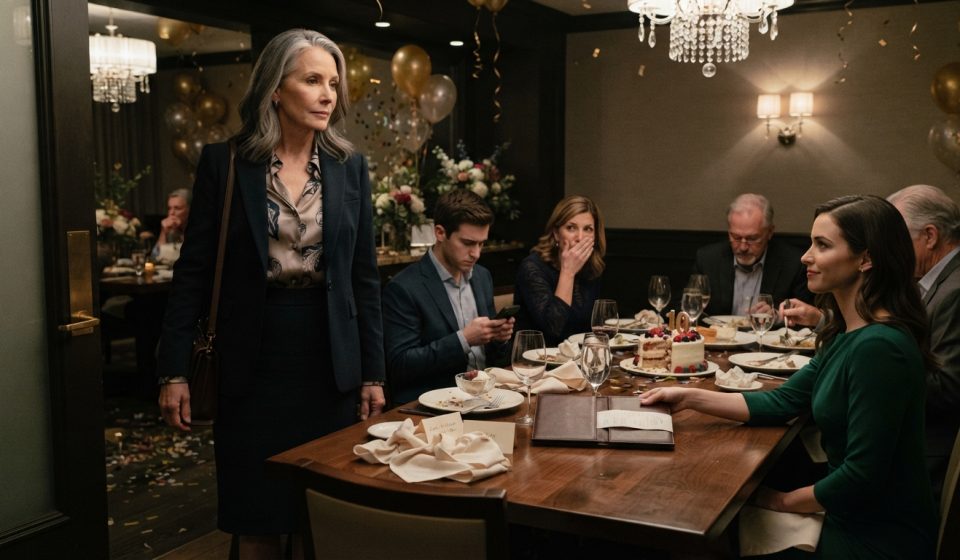 A shocked mother at an anniversary dinner as her daughter-in-law hands her a restaurant bill after the family has already finished eating.