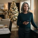 Diane standing in her Christmas-decorated kitchen after hearing her family is not spending Christmas with her.