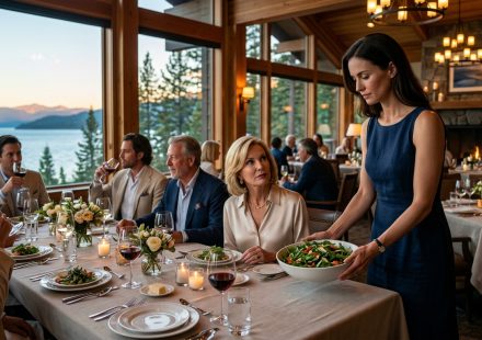 Nina stands beside a family dinner table as her mother-in-law treats her like hired help at a luxury Lake Tahoe resort.