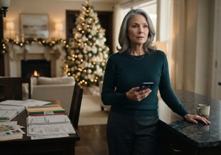 Diane standing in her Christmas-decorated kitchen after hearing her family is not spending Christmas with her.