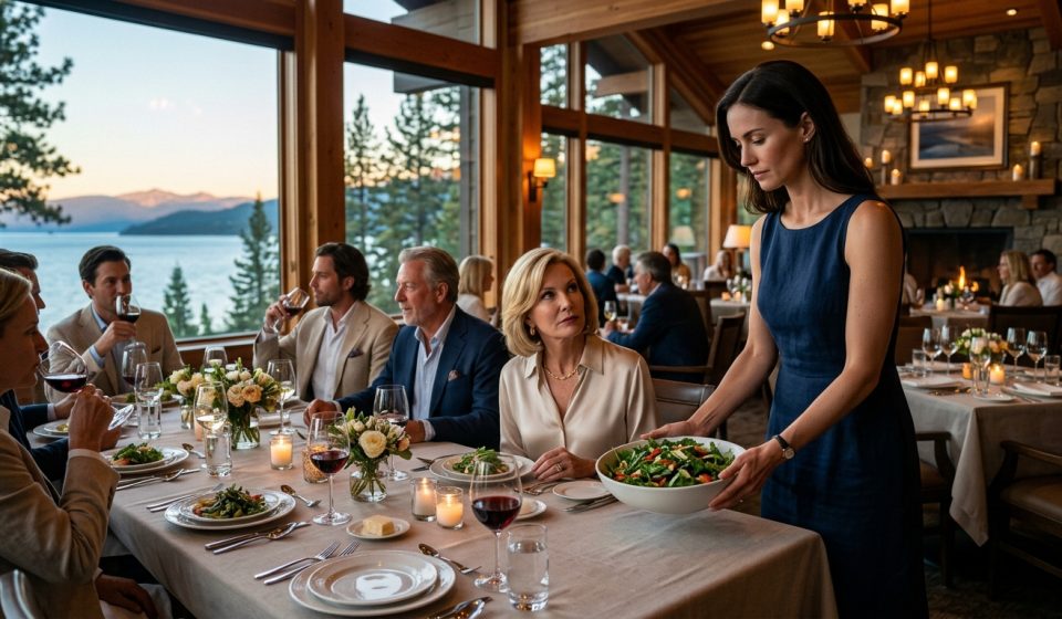 Nina stands beside a family dinner table as her mother-in-law treats her like hired help at a luxury Lake Tahoe resort.