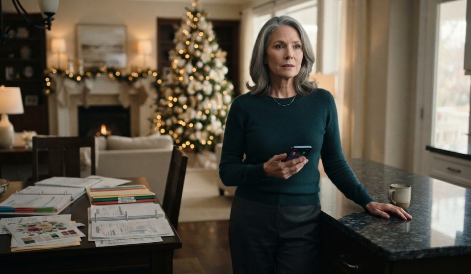 Diane standing in her Christmas-decorated kitchen after hearing her family is not spending Christmas with her.