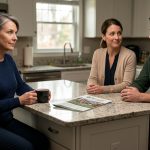 Mother listens as her son and daughter-in-law propose three generations living under one roof during a tense conversation in her kitchen.