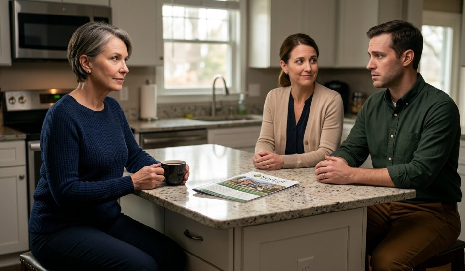 Mother listens as her son and daughter-in-law propose three generations living under one roof during a tense conversation in her kitchen.