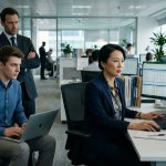 Experienced payroll employee training a younger replacement while her suspicious boss watches from behind their office cubicle.