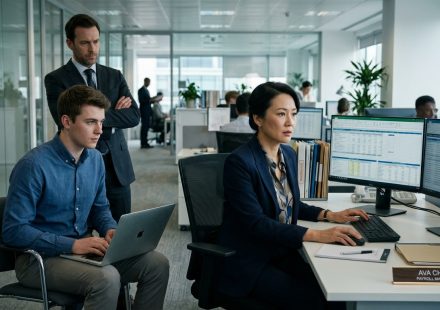 Experienced payroll employee training a younger replacement while her suspicious boss watches from behind their office cubicle.