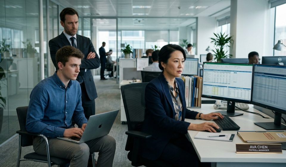 Experienced payroll employee training a younger replacement while her suspicious boss watches from behind their office cubicle.