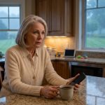 Louise reading a message saying you're not going to Alaska while sitting with coffee in her kitchen