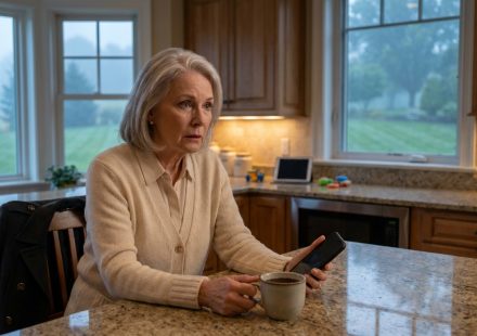 Louise reading a message saying you're not going to Alaska while sitting with coffee in her kitchen