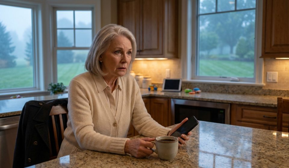 Louise reading a message saying you're not going to Alaska while sitting with coffee in her kitchen