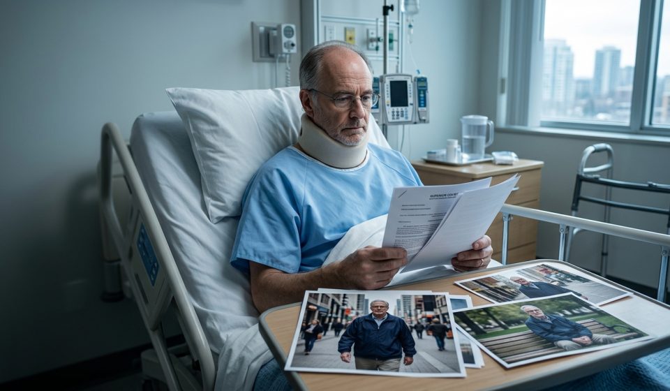 63-year-old man recovering in a Toronto hospital bed holding unexpected legal papers accusing him of stalking his ex-wife.