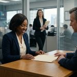 Experienced female logistics employee sits across from her manager as he slides another promotion rejection folder across his office desk.