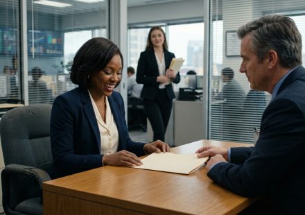 Experienced female logistics employee sits across from her manager as he slides another promotion rejection folder across his office desk.