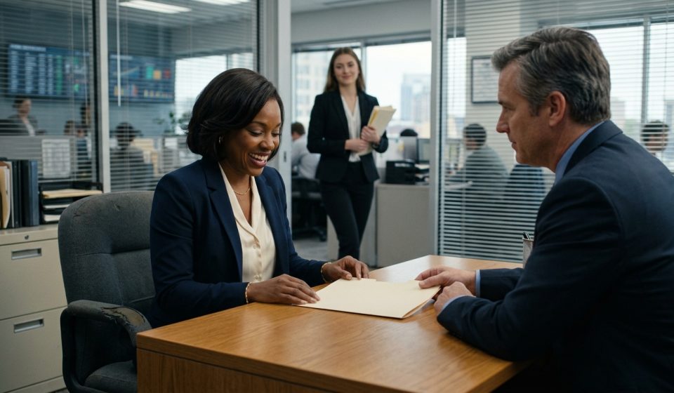 Experienced female logistics employee sits across from her manager as he slides another promotion rejection folder across his office desk.
