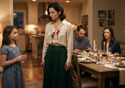 A woman in a cream blouse and green skirt stares at her niece holding an empty glass after her sister's daughter tossed her drink during a birthday dinner.