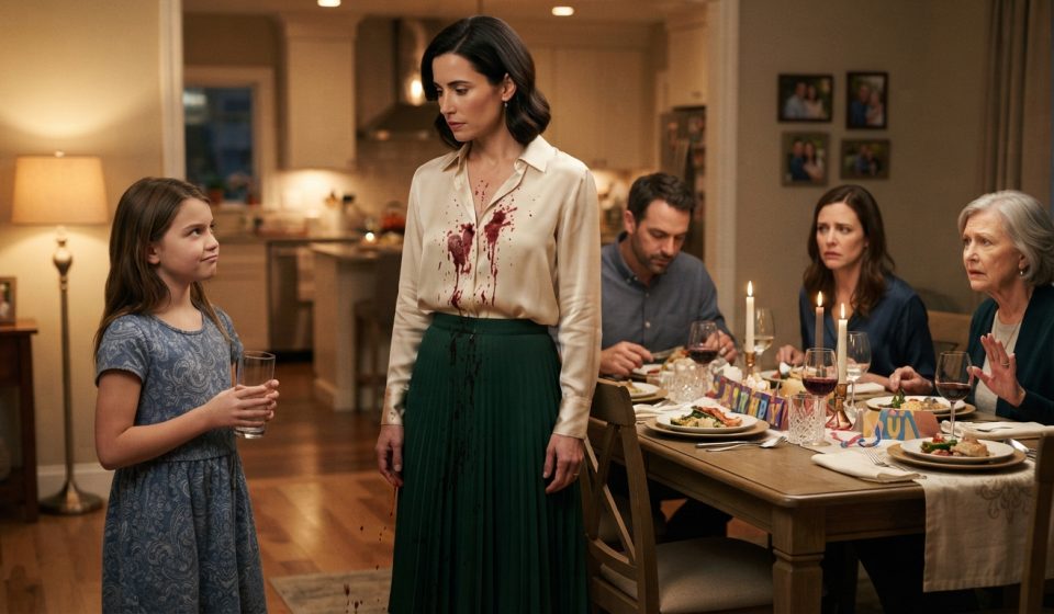 A woman in a cream blouse and green skirt stares at her niece holding an empty glass after her sister's daughter tossed her drink during a birthday dinner.