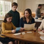 A 9-year-old girl holds her blue birthday speech beside her concerned mother while her older brother watches a tense family discussion.