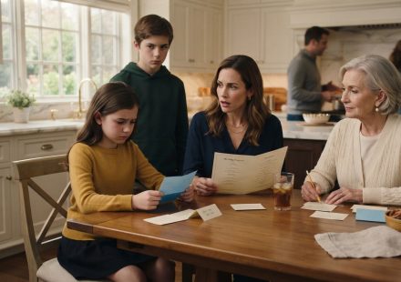 A 9-year-old girl holds her blue birthday speech beside her concerned mother while her older brother watches a tense family discussion.