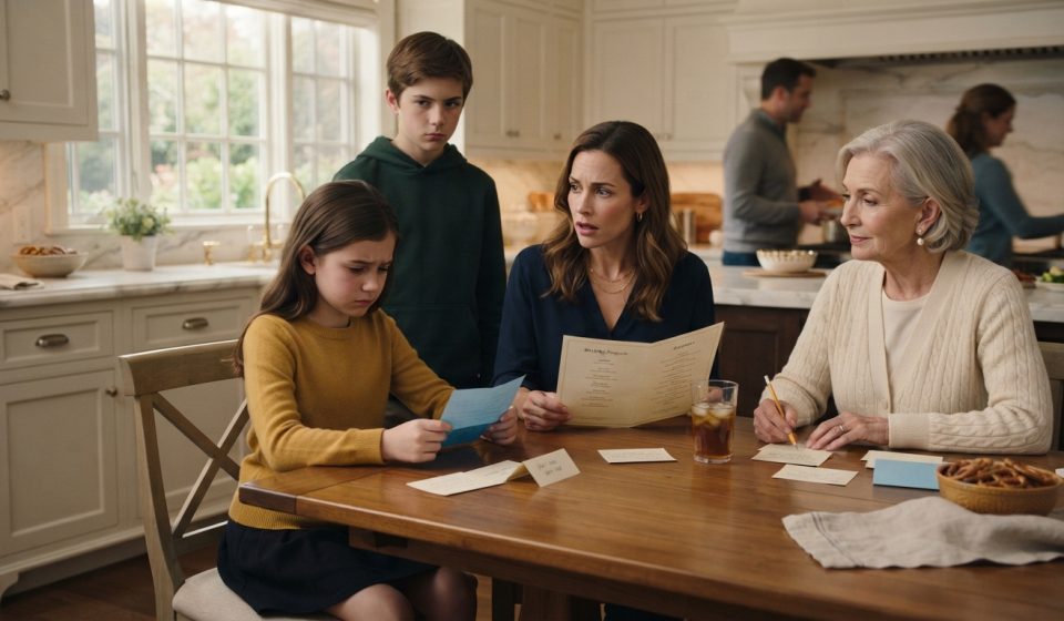 A 9-year-old girl holds her blue birthday speech beside her concerned mother while her older brother watches a tense family discussion.