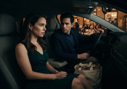 Hannah looks concerned inside a parked car as her husband protects her canvas tote outside Grandma's 85th birthday celebration.