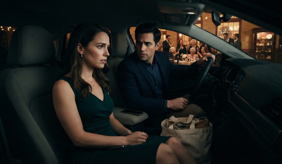 Hannah looks concerned inside a parked car as her husband protects her canvas tote outside Grandma's 85th birthday celebration.