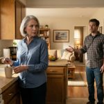 An older mother holding a coffee mug in her kitchen while her adult son announces plans for his family to move into her home.