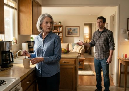 An older mother holding a coffee mug in her kitchen while her adult son announces plans for his family to move into her home.