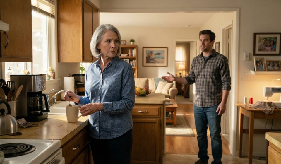 An older mother holding a coffee mug in her kitchen while her adult son announces plans for his family to move into her home.