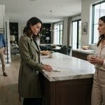 Adrienne standing calmly in her luxury kitchen as her best friend leaves her keys on the marble counter and Daniel enters in the background.