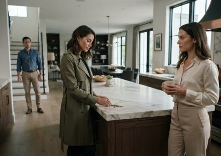 Adrienne standing calmly in her luxury kitchen as her best friend leaves her keys on the marble counter and Daniel enters in the background.