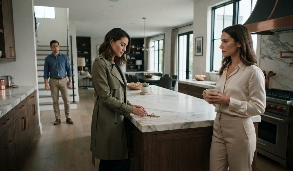 Adrienne standing calmly in her luxury kitchen as her best friend leaves her keys on the marble counter and Daniel enters in the background.