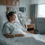 A 39-year-old woman recovering in an ICU bed while the empty visitor chair beside her shows that her family never came to the ICU.
