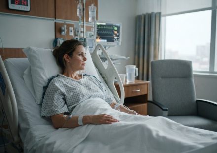 A 39-year-old woman recovering in an ICU bed while the empty visitor chair beside her shows that her family never came to the ICU.