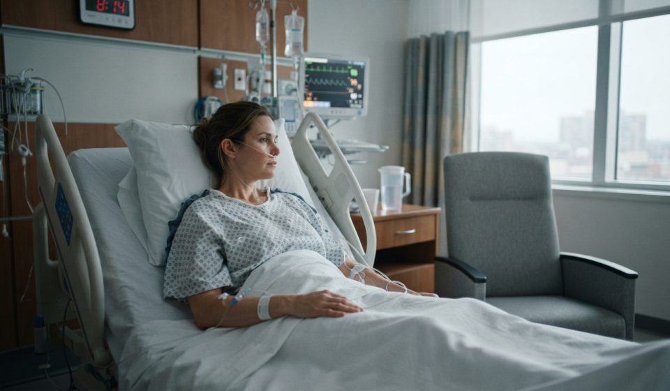 A 39-year-old woman recovering in an ICU bed while the empty visitor chair beside her shows that her family never came to the ICU.