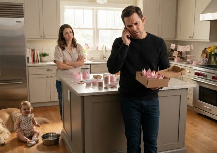 Father holding tiny pink birthday crowns while receiving a disappointing phone call as his one-year-old daughter plays on the kitchen floor.