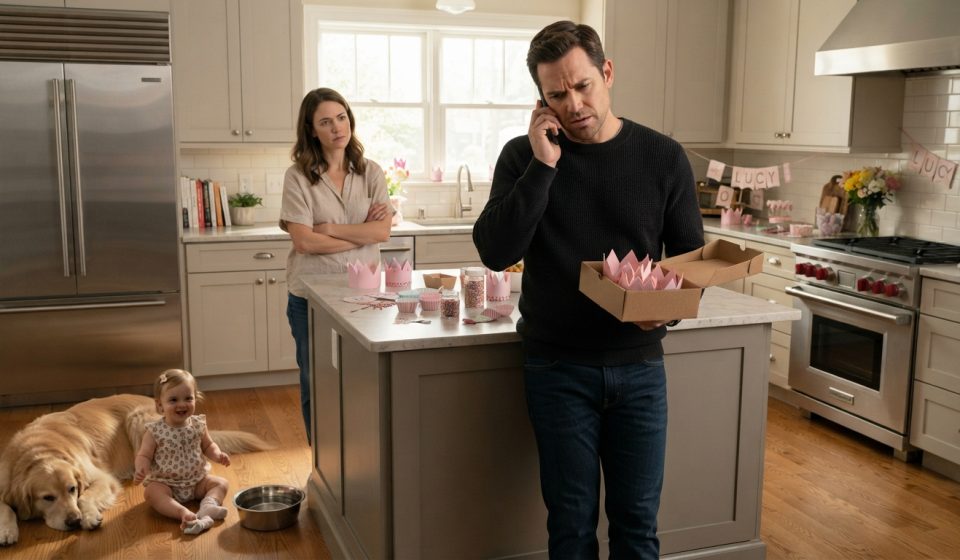Father holding tiny pink birthday crowns while receiving a disappointing phone call as his one-year-old daughter plays on the kitchen floor.