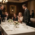 Olivia sits calmly near the end of an elegant engagement dinner table while her relatives celebrate her cousin and quietly judge her.