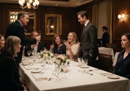 Olivia sits calmly near the end of an elegant engagement dinner table while her relatives celebrate her cousin and quietly judge her.