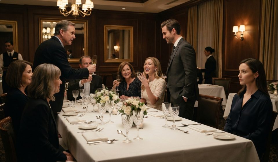 Olivia sits calmly near the end of an elegant engagement dinner table while her relatives celebrate her cousin and quietly judge her.