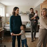 A woman watches her mother measure the downstairs suite for my brother while her husband and children stand inside their family home.